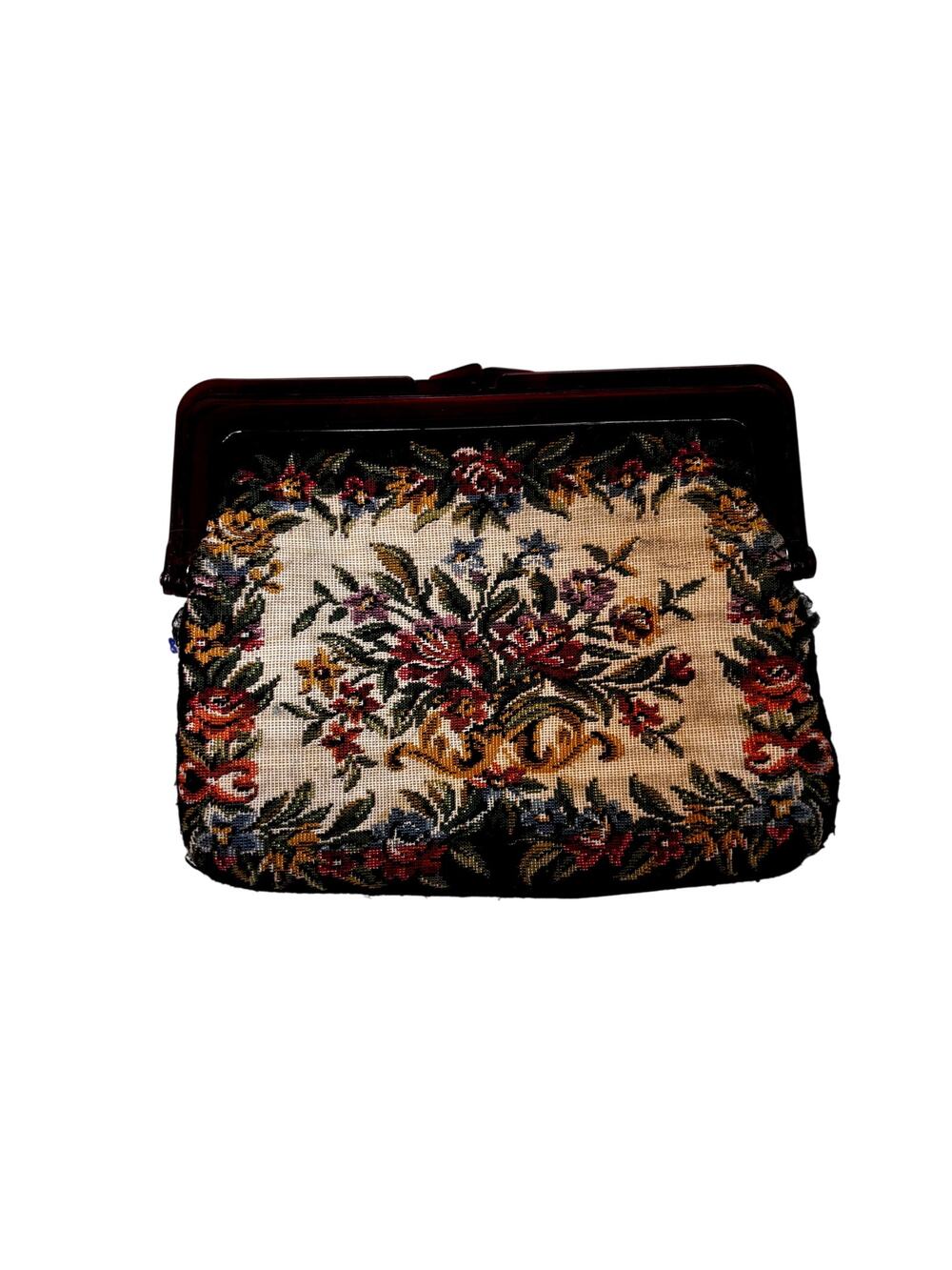 Vintage 1950s Tapestry Clutch Purse Black Floral Lucite Kiss Lock Wounded Bird